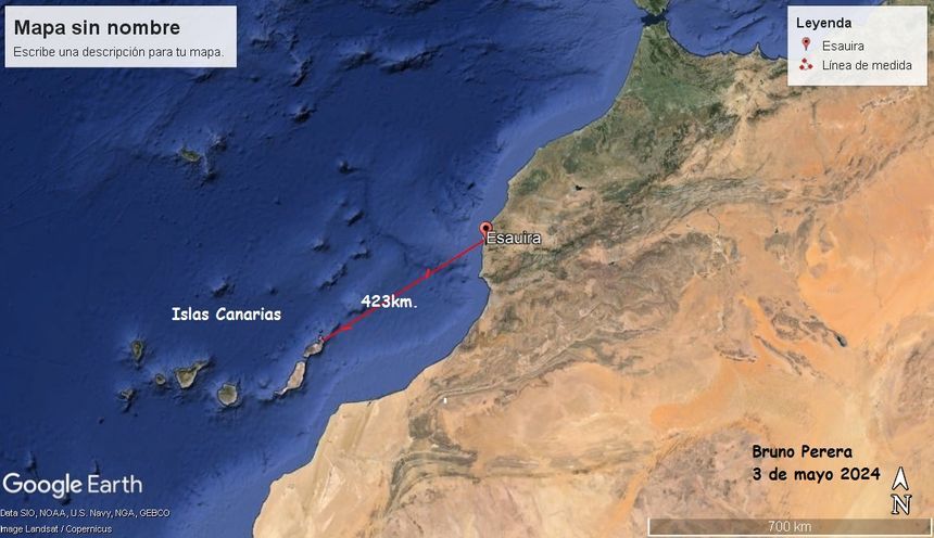 Imagen de Google Earth en la que se marca la ruta que hicieron los primeros pobladores.