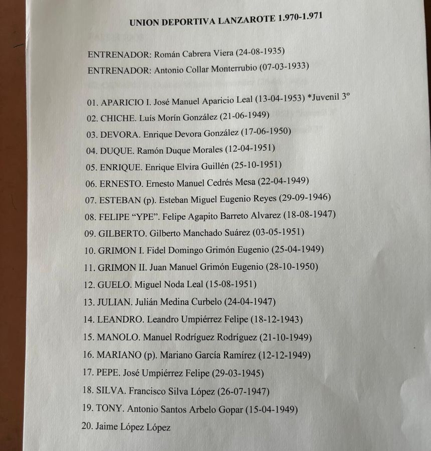 Listado de los jugadores y el cuerpo técnico del primer equipo de la Unión Deportiva Lanzarote de 1970.