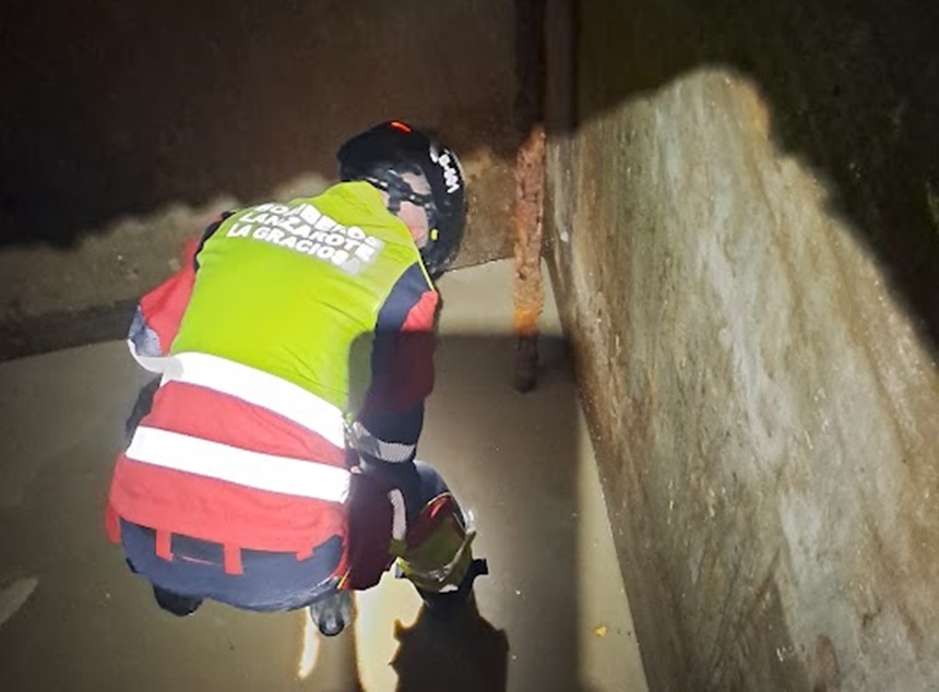 Bombero auxiliando al perro que se encontraba en el aljibe.