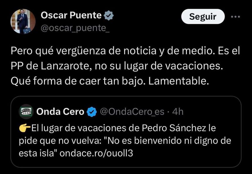 Pantallazo de la cuenta de Óscar Puente cuando denunció a Onda Cero por el titular tendencioso