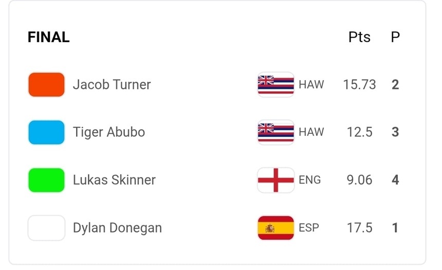 Puntuación final en la que se ve cómo el lanzaroteño doblegó a surfistas de países tan potentes como Hawai o Australia.