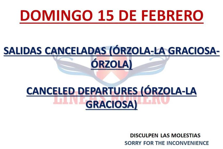 Cartel de la empresa Líneas Romero advirtiendo de la cancelación de las salidas desde el muelle de Órzola este domingo