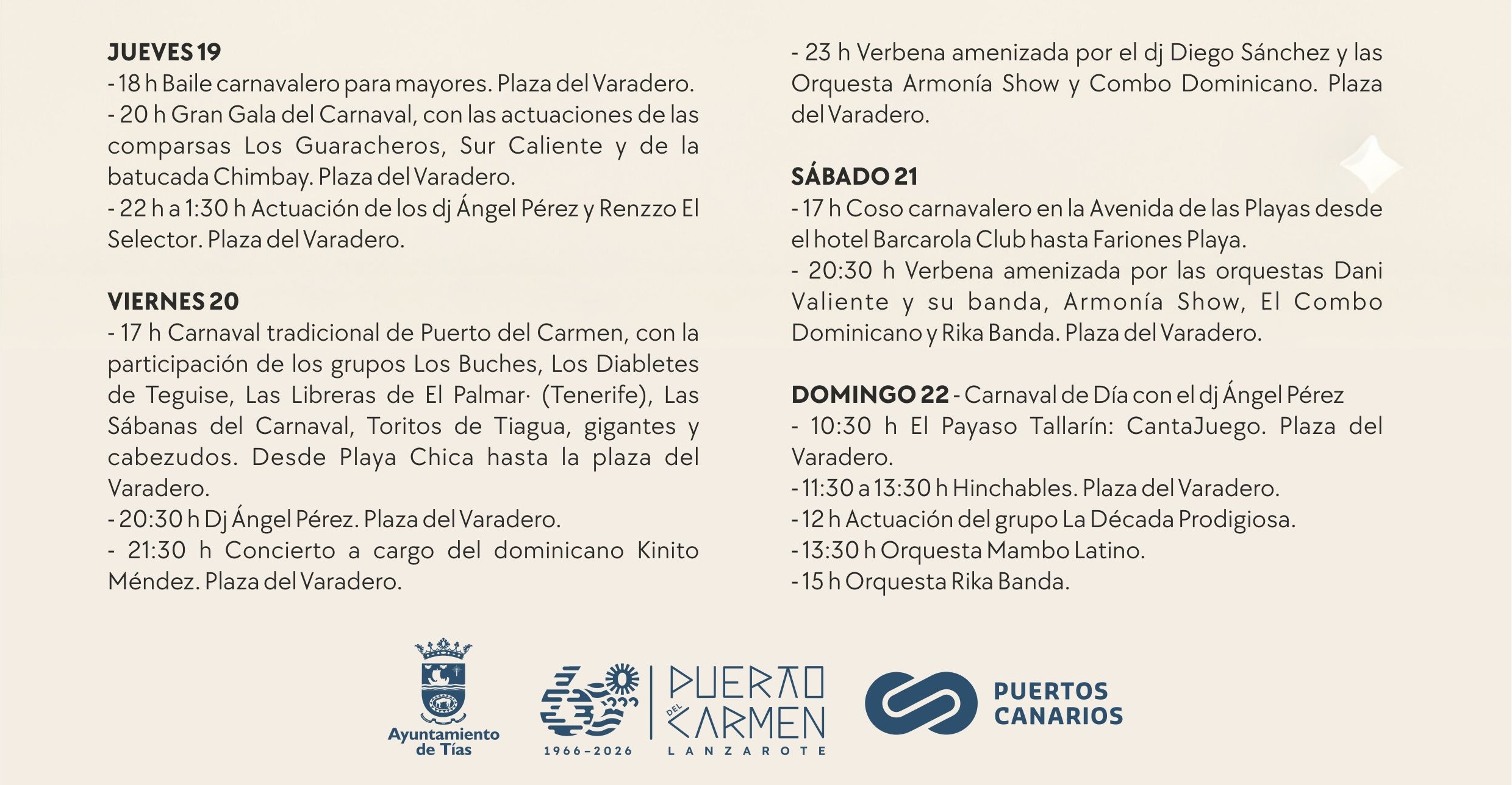 Programación Carnaval Puerto del Carmen 2026.