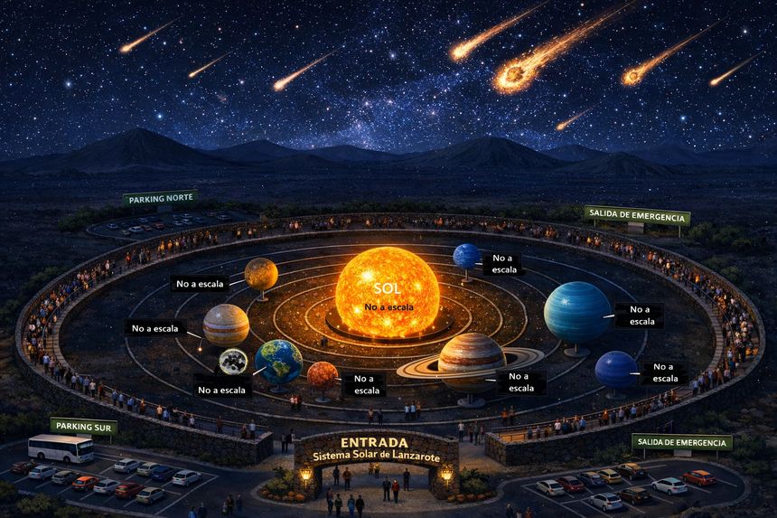 Parque del Mapa del Sistema Solar para el proyecto en Lanzarote con un cielo lleno de estrellas y una lluvia de metoritos.