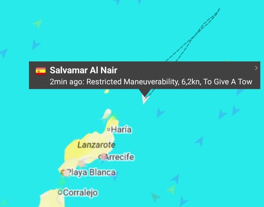 Ruta recogida por satélite de la salvamar hasta llegar con el barco pesquero robado hasta Lanzarote sobre las doce de la noche